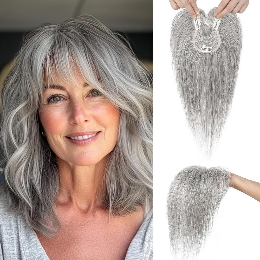 SEIKEA Hair Toppers for Women Real Human Hair, 10" Clip in Bangs Hand-tied Base 1.4 * 2.2inch Natural Realistic with Thinning Hair with Wispy Bangs Light Gray