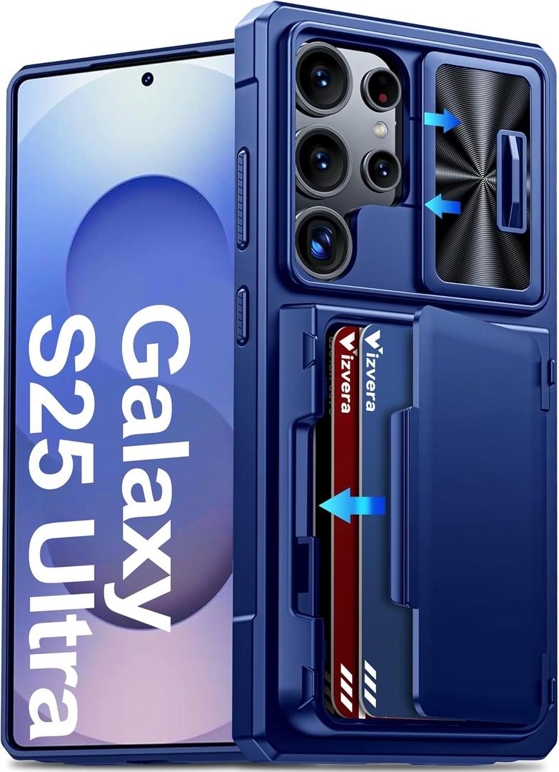 Vizvera for Samsung Galaxy S25 Ultra Case Wallet RFID [Cards Holder][Camera Cover][Edge Raised] Full Body Rugged Shockproof Silicone Protective Phone Case for Galaxy S25 Ultra 6.9" 2025(Blue)