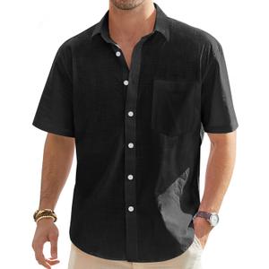 J.VER Men's Linen Short Sleeve Shirts Cotton Casual Lightweight Button Down Shirt Beach Vacation Summer Tops with Pocket (Black, XL)