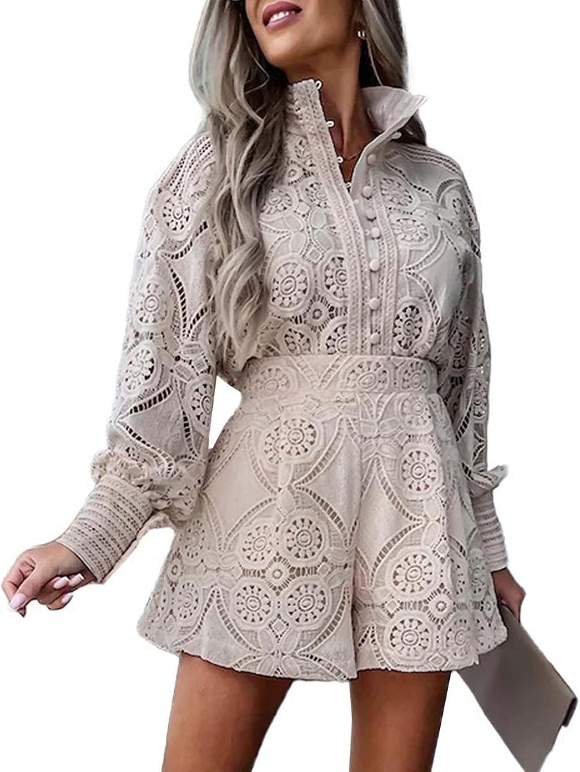 SOMTHRON Women's Summer Eyelet Lace Two Piece Outfits Long Sleeve Blouse Tops Shorts Floral Embroidery Set (L)