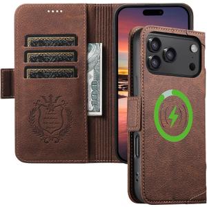 Leather Magnetic Wallet Case for iPhone17 Pro Max Compatible with MagSafe & Wireless Charging, 3 Card Slots & ID Holder, Kickstand, 360 Military Shockproof Protection Premium Brown
