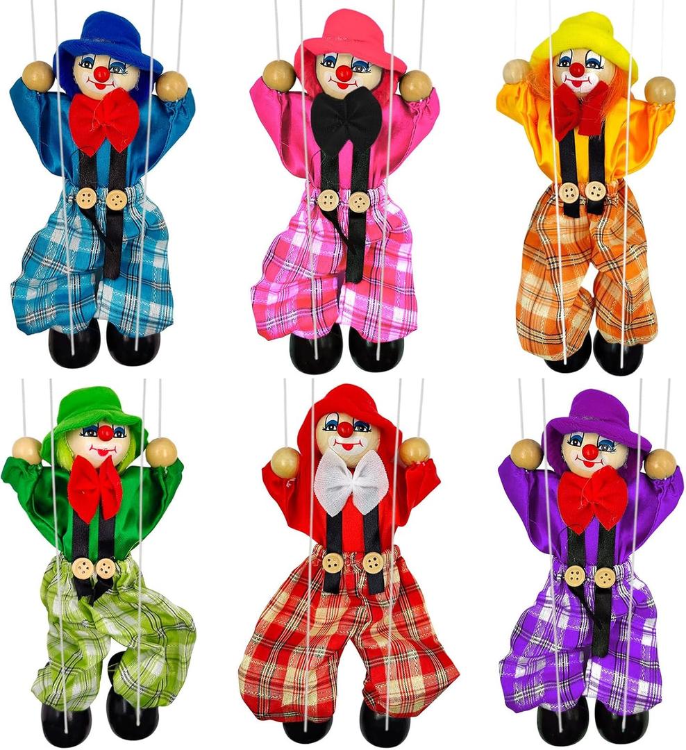 6 Pack Wooden Marionette Puppets Clown Pull String Puppets Movable Hands and Feet Joint Activity for Family Men Women Theater Puppetry Party