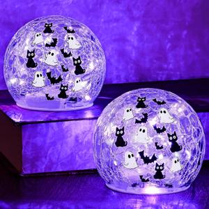 Yinhua 2 PCS Halloween Decorations Indoor 4" Ghost Decor Black Cat Bat Globe Light with Timer Crackle Glass Ball Purple Light for Table Centerpieces Lighted Decorative Ball Led Globe Lamp Gift