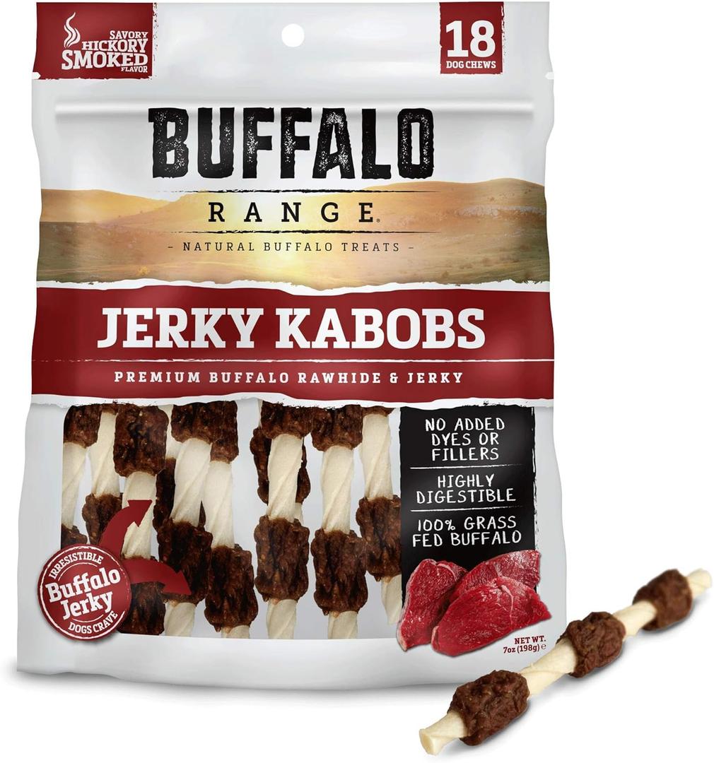 Rawhide Dog Treats - Healthy, Grass-Fed Buffalo Jerky Raw Hide Chews - Hickory Smoked Flavor - Jerky Kabob, 18 Count, BB 9/22/2025