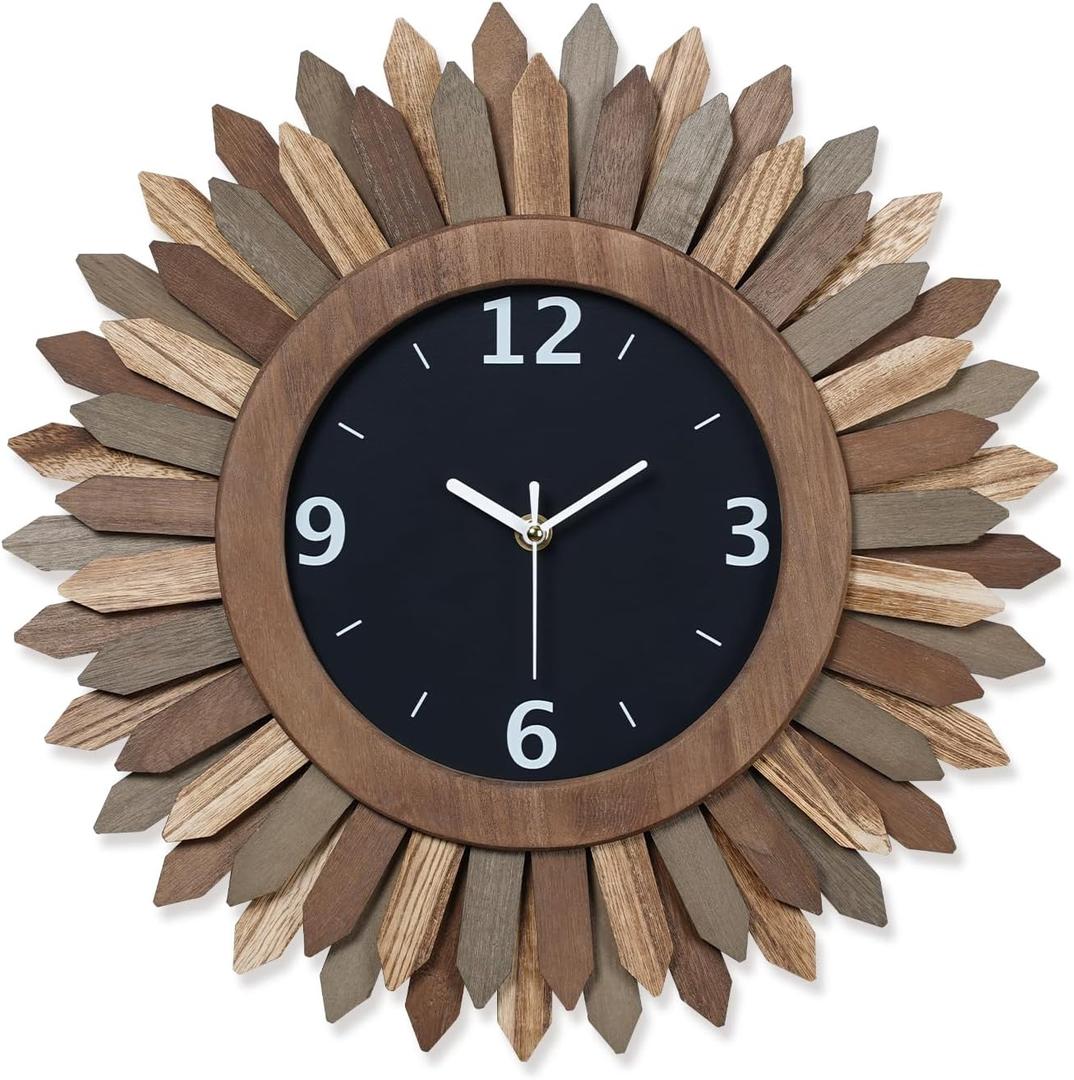 16 Inch Wall Clocks, Rustic Wood Boho Sunburst Decorative Wall Clock Battery Operated Silent Non Ticking Farmhouse Large Wall Clocks for Living Room Kitchen Bedroom Home Decor (Tricolor)