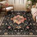 Area Rugs 5'x7' Washable Non-Slip, Floral Vintage Distress Print Pattern Medallion Carpet for Living Room Bedroom Dining Room, Black Colorful Floral Dark Tan