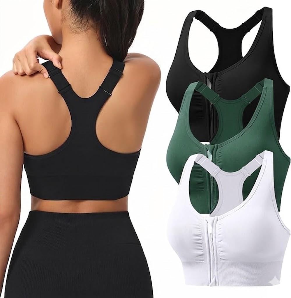 Zip Front Sports Bras for Women Adjustable Racerback Medium Support Bras Padded Post-Surgery Bras Seamless Yoga Athletic Bra, Pack of 3, Large