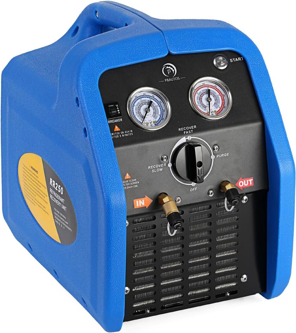3/4HP R1234YF R32 Refrigerant Recovery Machine, Oil-Less Single Cylinder Portable Freon Recycling Unit 110V for Automotive AC & Household HVAC Systems