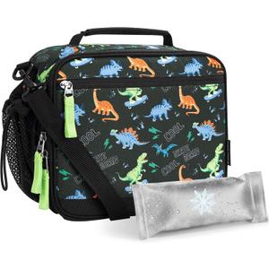 Choco Mocha Lunch Box Kids Lunch Box for Boys Lunch Boxes for School Lunch Bag Ice Packs with Shoulder Strap for Toddler Preschool Kindergarten Black & Green Dinosaurs