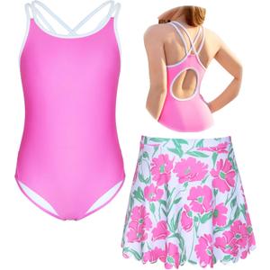 beautyin Girls One Piece Swimsuit with Skirt Bathing Suit Crisscross Back Swimwear Size 8-14 (9-10 Years, Pink)