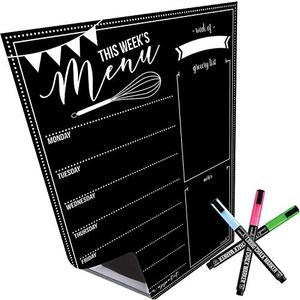 Cinch! 16x12-Inch Chalkboard Weekly Menu - Magnetic Meal Planner Board for Refrigerator - Reusable Black Menu Board with 3 Neon Liquid Chalk Markers - Weekly Food Planner for Kitchen Organization
