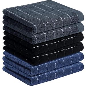 Homaxy 100% Cotton Terry Kitchen Towels(Navy+Grey+Black, 13 x 28 inches), Checkered Designed, Soft and Super Absorbent Dish Towels, 6 Pack
