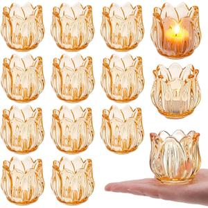 26 Pcs Gold Votive Candle Holders, Glass Flower Tealight Candle Holder Thick Glass Tea Light Candles Holder Bulk for Mother's Day Wedding Birthday Anniversary Party (Huplatinum Color)