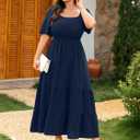 RWJ Women's 2026 Plus Size Summer Dress Short Sleeve Smocked Boho Wedding Guest Beach Vacation Floral Maxi Dresses (Blue, XXXL)