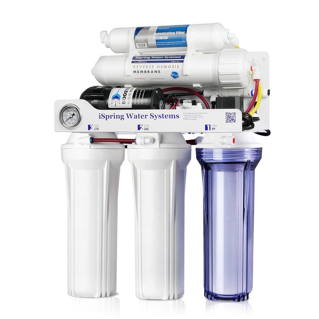 iSpring RCC1DP Tankless RO/DI System, 5 Stage De-ionization Reverse Osmosis Water Filter, High Performing 150 GPD Tankless RO Water System for Aquarium with DI Water Filter & Pump