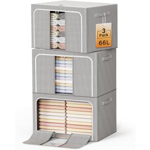 Clothes Storage Bins with Metal Frame Foldable Storage Box Clothes Organizers Storage Containers for Clothes Sheets Blankets Books Toys Gifts and Holiday Decorations (66Lx3 Pack)