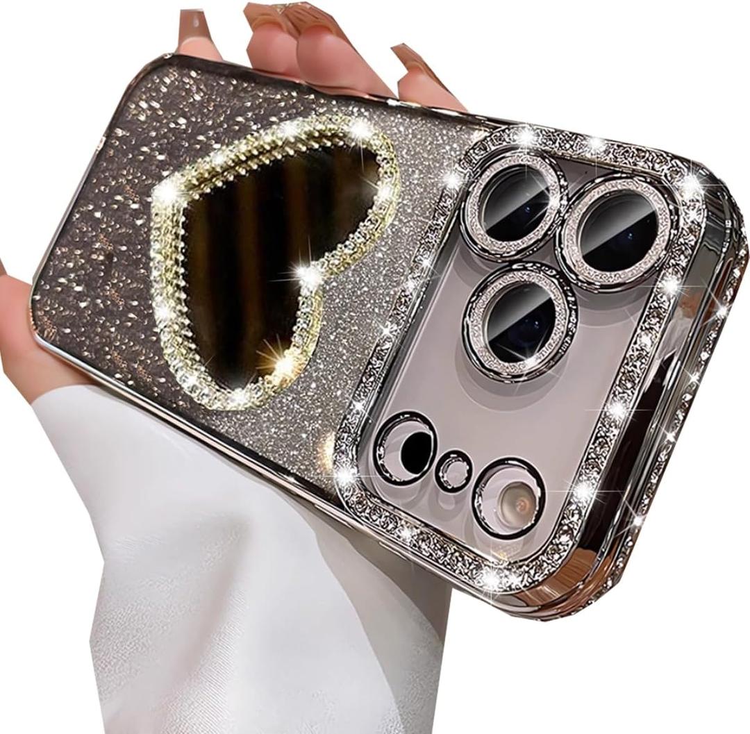 Changjia Glitter Mirror Case for iPhone 17 Pro Max,Cute Luxury Diamond Heart Makeup Mirror Bling Sparkly Rhinestones with Camera Protector TPU Bumper Women Girls Case for iPhone 17 Pro Max 6.9",Silver
