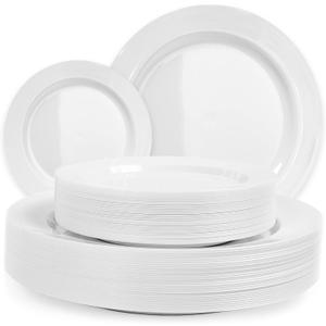 60 White Plastic Plates Disposable, Heavy Duty Plastic Plates for Party - 30 Dinner Plates 10.25" + 30 Salad Dessert Appetizer Plates 7.5", Premium Hard Party Plate Elegant Wedding Holidays Parties