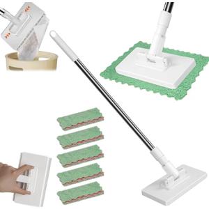 Disposable Dust Mop with 5 Reusable Cloths, 2026 Upgrade 39" Long Handle Wet and Dry Flat Mopping Sweeper Stick, No Wash Clip Mops with Locking Head, Retractable Gap Dust Cleaner for Wet & Dry