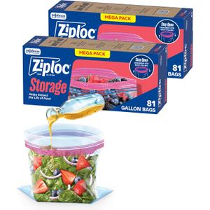 Ziploc Gallon Food Storage Bags, Stand-Up Bottom, Easy to Fill, 162 Count