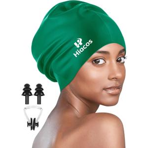 Large Swim Cap for Women Men Adults, Silicone Swimming Cap for Long Hair, Waterproof Swim Hats Bathing Caps to Keep Hair Dry (Dark Green)