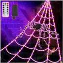 LCHUANG Spider Webs Halloween Decor Lights - 450 LEDs Outdoor Halloween String Lights with 60" Light Up Spider,8 Modes Remote Control 16.4Ft Spiderweb, Waterproof (New Orange-Purple Grid Luminous Net)
