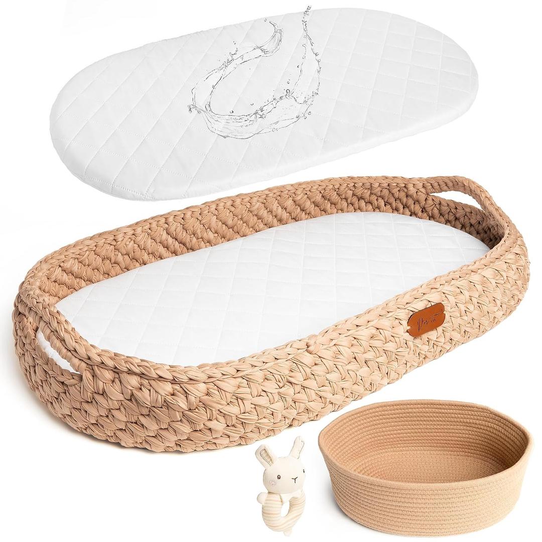 Handmade Baby Changing Basket Set with a Soft Changing Pad and Waterproof Cover, Diaper Organizer, Rattle Shaker, Moses Basket, Changing Table Topper for Dresser| Boho Bassinet, Handmade Crochet Basket
