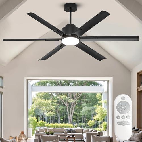 JAYNLT 72 Inch Ceiling Fan with Light,High CFM Industrial LED Fan Lights with 6 Aluminium Blades,Remote Control, Air Reversible 6 Speed 3 Colors Noiseless DC Motor for Porch,Garage
