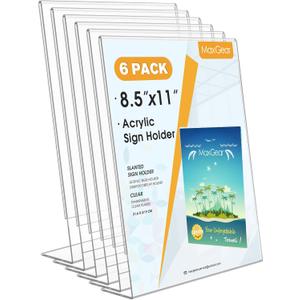 MaxGear 6 Pack Acrylic Sign Holder 8.5 X 11, Plastic Paper Holder With Vertical Slanted Back, Picture Photo Frames Display Stand Flyer and Document Organizer for Office Desktop Use