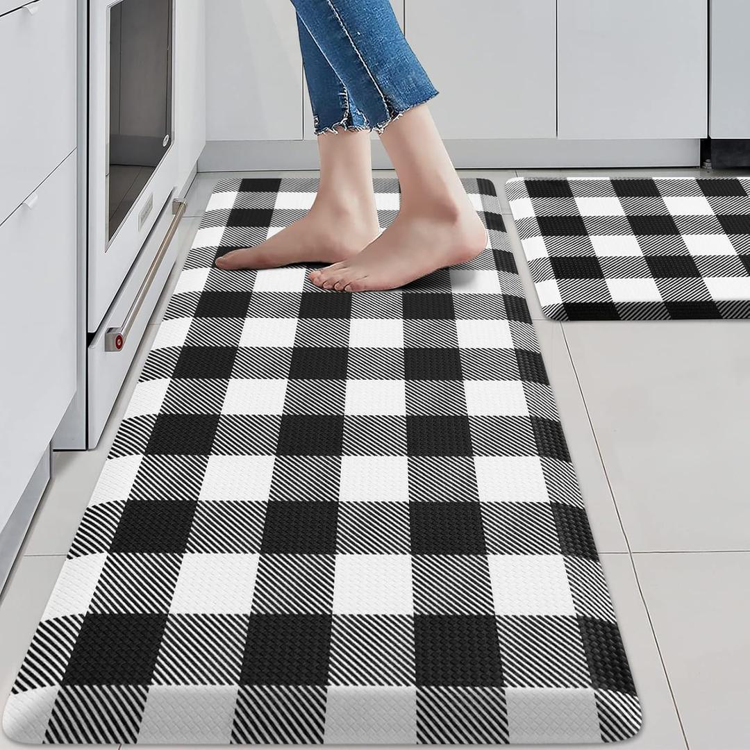 MAYHMYO Kitchen Mats 1/2 inch Black and White Kitchen Rugs and mats Farmhouse Anti Fatigue Kitchen Mats Cushioned for Floor Non-Slip Kitchen mats 2 Piece Set 17"29"+17"x47" for Sink Laundry Office (17.3"x 29"+ 17.3"x 47"--0.47 inches)