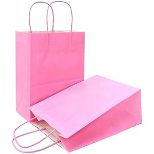 AZOWA Gift Bags Pink Kraft Paper Bags with Handles (5 x 3.1 x 8.2 in, Pink, 12 CT)