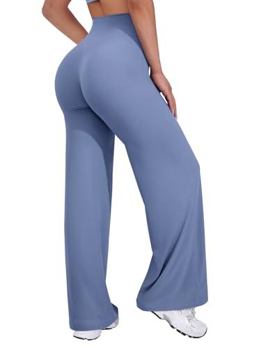 VOYJOY Straight Leggings Bottoms Wide Leg Pants for Women 29"/ 31.5"/33"/35" High Waist Stretch Casual Sweatpants Ocean Blue S