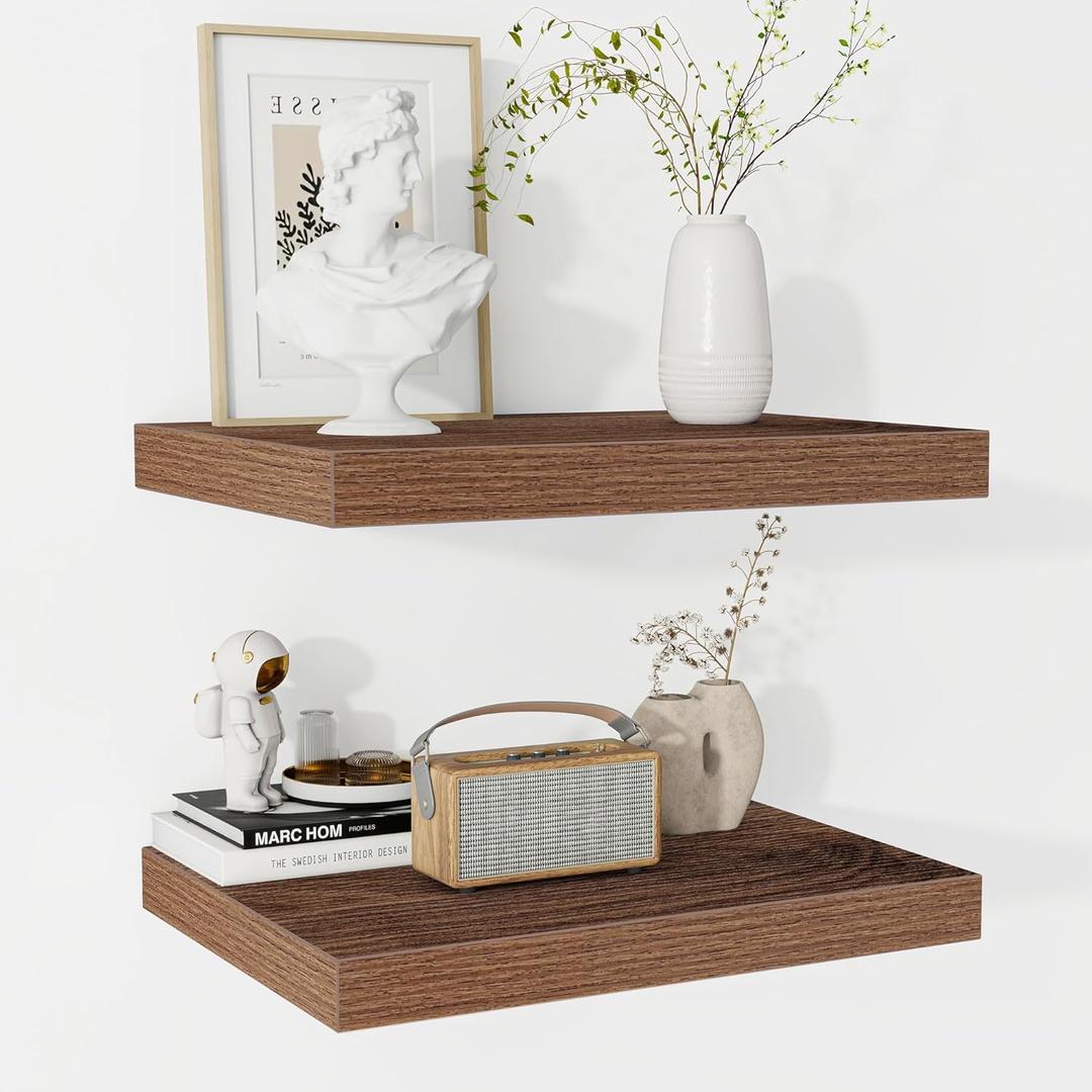 Fun Memories Floating Shelves - 2 Pack 12 Inch Rustic Wooden Wall Shelves - Extra Deeper & Thicker Wall Mounted Storage Shelf for Living Room, Kitchen, Farmhouse - 16" W x 12" D x 1.5" H - Walnut