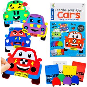 VKPI 4 Pieces EVA Foam Art Crafts Gift Kit, Creative Make Your Own Cars, Cartoon Foam Paper Craft Projects for Kids Ages 4+ Toddler, Preschool Learning Toy for Birthday Party Favor Supplies