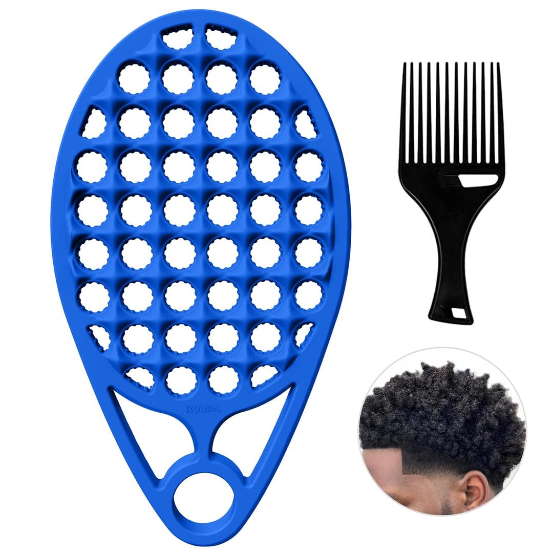 KOUPA Silicone Afro Twist Brush with Pick Comb - Easy Clean Dual-Sided Design with Textured Holes for Defined Afro Curls, Suitable for Coily Hair Men & Women, Blue