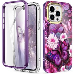 Cute Flower Case for iPhone 14 Pro 6.1 inch Built with Screen Protector, Lightweight and Stylish Full Body Shockproof Protective Rugged TPU Case for Women/Girls-Butterfly