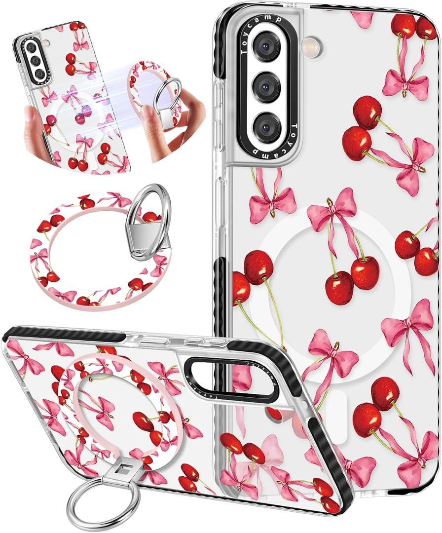 Toycamp for Samsung Galaxy S22 Plus Case - Compatible with Magsafe Cute Design 360Magnetic Ring Holder Stand Kickstand Cherry Bow Girly Pretty Fashion Phone Covers for Women Teen Girls