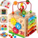 Batlofty Wooden Activity Cube, 8-in-1 Montessori Toys for 1+ Year Old Boys & Girls, Educational Learning Toys for Toddlers Age 1-2, 1st Birthday Gift with Word Cards | Bonus Sorting & Stacking Board (Pink Packaging)