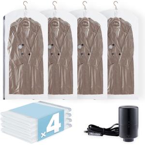 Hanging Vacuum Storage Bags with Electric Pump, 4 Pack (53 x27.5 inch), Vacuum Seal Bags for Clothing, Garment Storage for Short Jacket, Suits, Dresses, Closet Organizer Space Saving