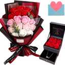 EIGHTOWN Roses Bouquet Artificial Flower - Preserved Red Rose Flowers with Love Necklace for Her - Unique Gifts Valentine's Day, Mother's Day, Thanksgiving, Birthday, Anniversary (Pink and Red)