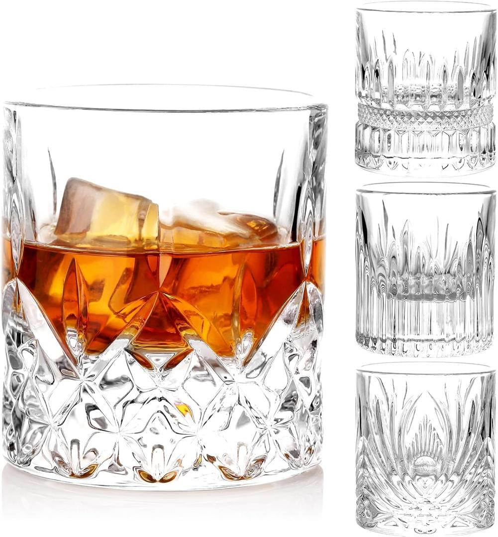 Whiskey Glasses Set of 4-7 OZ Thick Bottom Rocks Glasses with 4 Unique Engraved Designs, Old Fashioned Glasses for Scotch, Bourbon, Cocktail Drinks - Anniversary, Birthday Gifts for Men Whiskey Glasses Set of 4-7 OZ Thick Bottom Rocks Glasses with 4 Unique Engraved Designs, Old Fashioned Glasses for Scotch, Bourbon, Cocktail Drinks - Anniversary, Birthday Gifts for Men