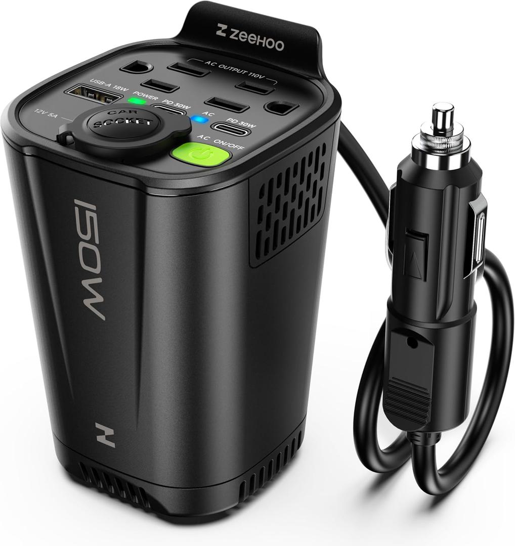 150W Car Power Inverter, 12V DC to 110V AC Car Plug Adapter Outlet Converter, with 2 AC Outlets, A 18W USB A and Dual 30W PD Car Charger, for Laptop Computer - Black