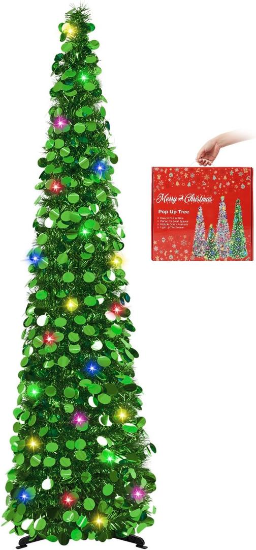 MACTING Pop Up Christmas Tree with 50 LED Lights 5FT Collapsible Tinsel Pencil Tree Easy-Assembly Coastal Glitter Artificial Tree for Porch Apartment Corner Home Party Indoor Xmas Decorations,Green