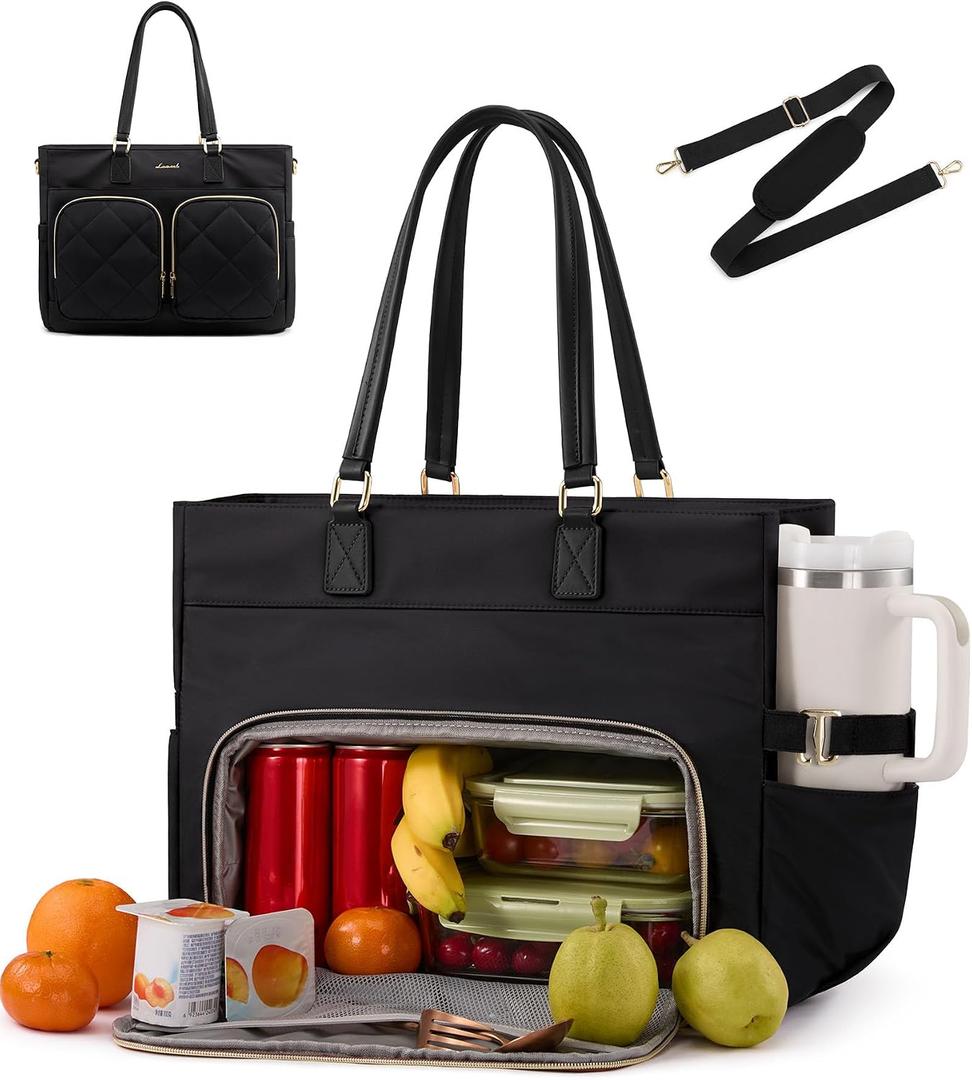 LOVEVOOK Lunch Tote Bag for Women, 17.3 Inch Laptop Tote with Insulated Lunch Compartment, Large Capacity Lunch Bag for Work, Business, Daily, Outdoors, Black