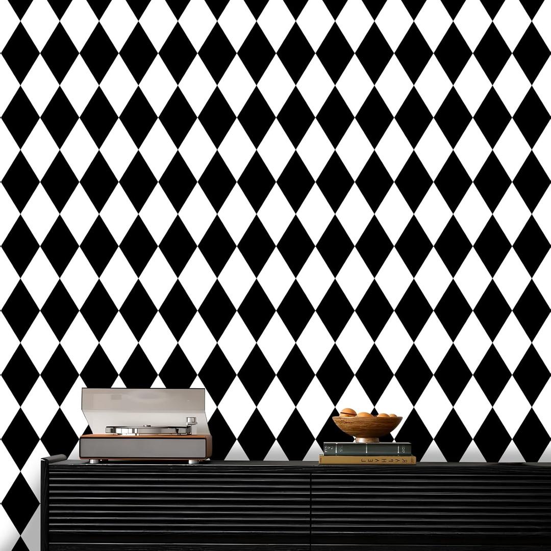 Amiya Black and White Diamond Peel and Stick Wallpaper Rhombus Geometric Vinyl Contact Paper for Laundry Room Kitchen Bathroom Modern Wall Paper 17.3"120"