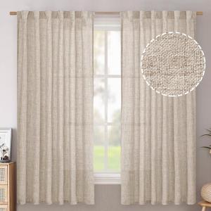 BGment Flax Linen Curtains 63 Inch Length for Living Room, Beige Light Filtering Boho Burlap Drapes for Bedroom Window Treatments Semi Sheer with Back Tab Rod Pocket Farmhouse, 2 Panels, 52 X 63 Inch