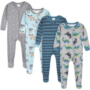 4-Pack Boys Safari Animals & Crab Snug Fit Footed Cotton Pajamas (3 Months, Dino and Arctic Animals)