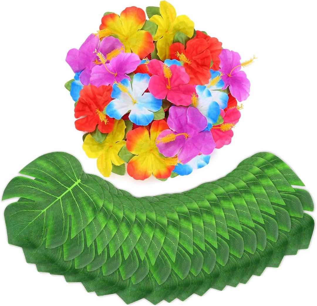 60Pcs Hawaiian Flowers,Tropical Decor Tropical Flowers Include Hibiscus Flowers Artificial and Palm Leaves,Hawaiian Decorations Luau Table Decorations for Jungle Beach Theme Birthday Party