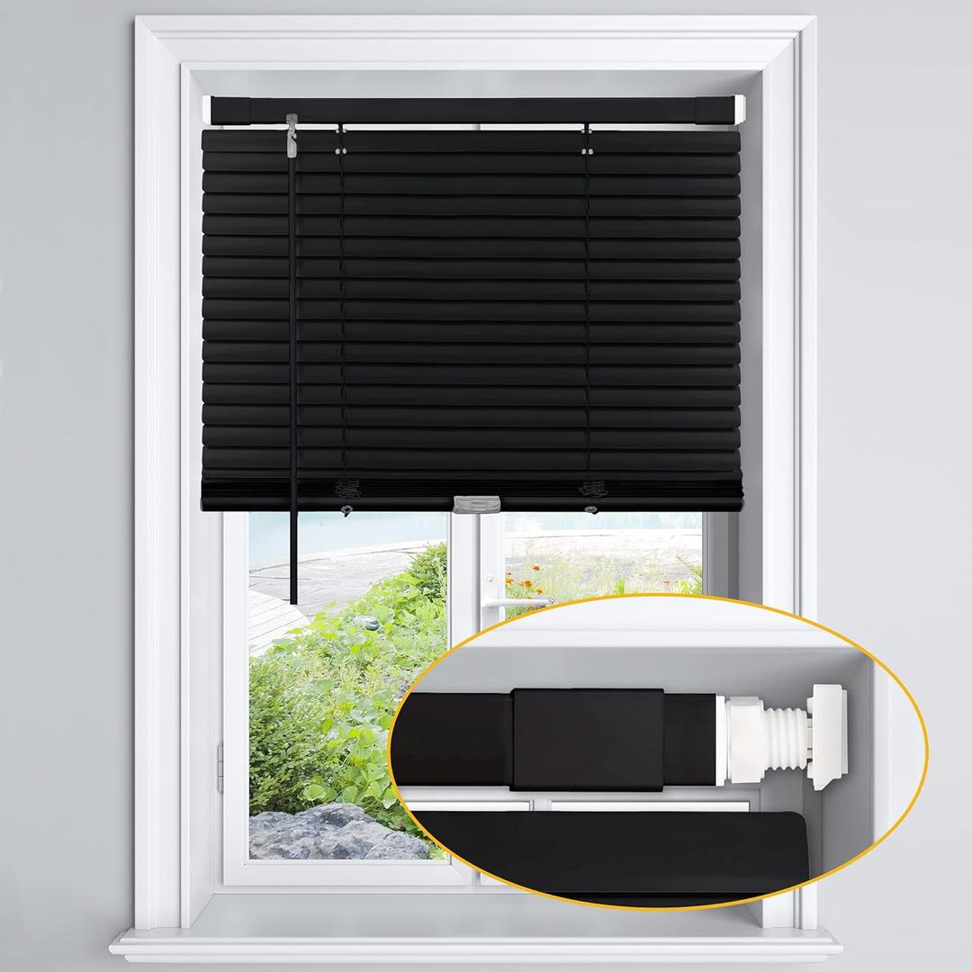 LazBlinds No Tools-No Drill 1" Aluminum Mini Blinds, Cordless Blinds for Indoor Windows, Light Filtering Horizontal Blinds and Shades for Window Size 23'' W x 64'' H, Black