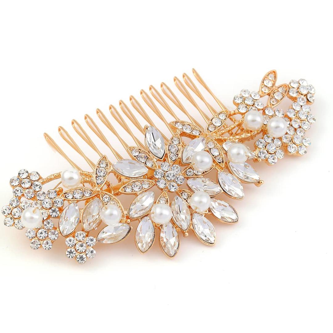 Crystal Wedding Hair Comb Bridal Hair Comb with Pearl Wedding Headpiece for party wear Golden Hair Accessory